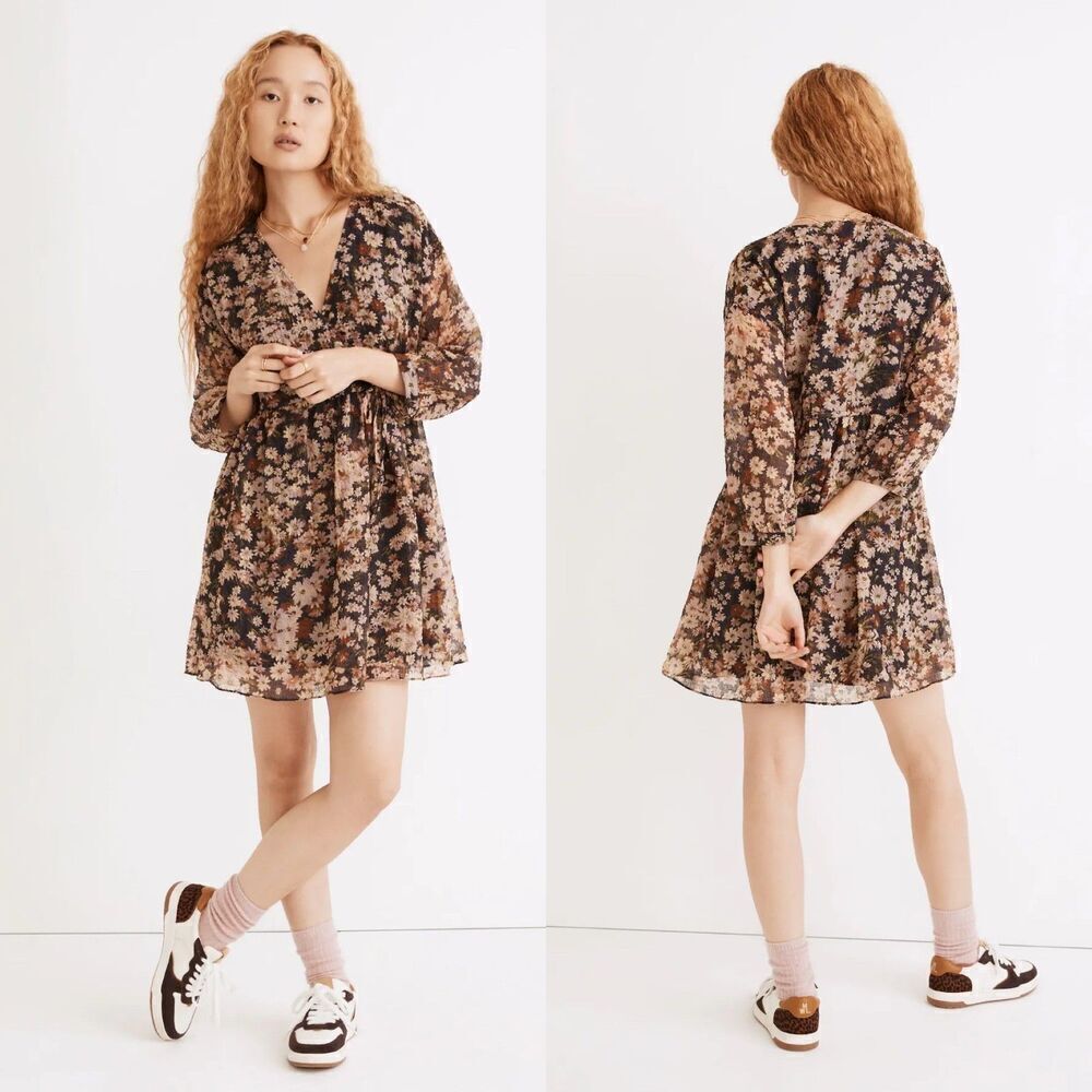 Madewell Women's Size XXS Floral Drawstring Daisy Reverie Faux Wrap Mini Dress